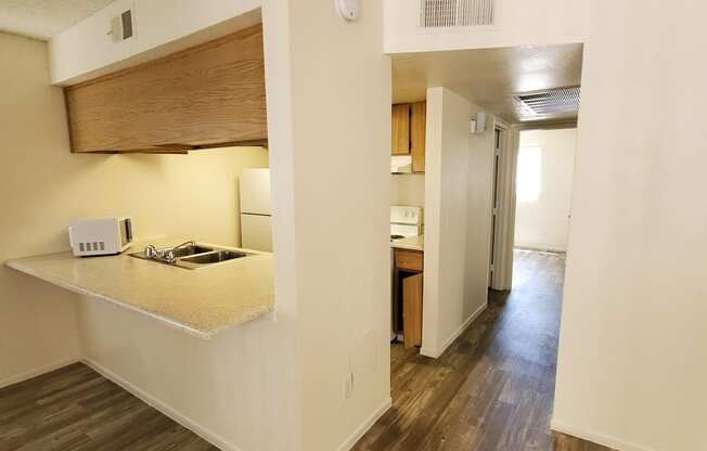 Kitchen and hallway at University Park in Tempe AZ August 2020