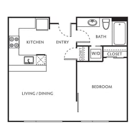 a floor plan of a one bedroom apartment with a kitchen and a living room at The Parker Apartments, Portland, Oregon