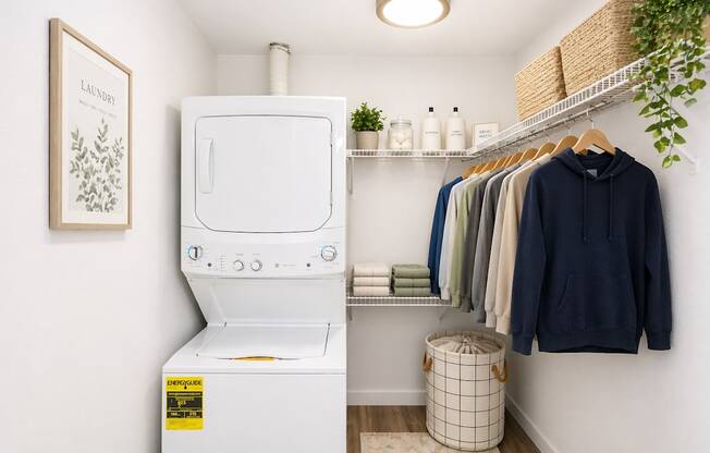 A laundry room with a washing machine and clothes hanging up.