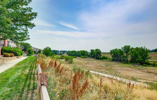 a view of a field with a fence and a path