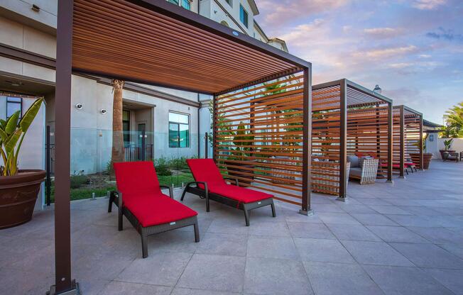 a chair sitting in front of a building