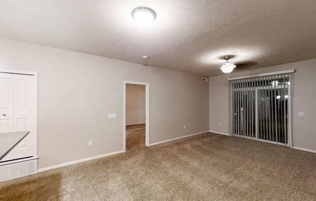 an empty living room with a door to a closet