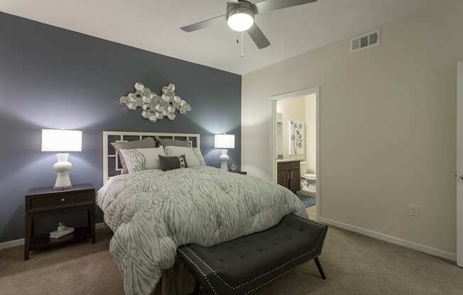 Bedroom with bed and ceiling fan at The View at Horizon Ridge, Nevada
