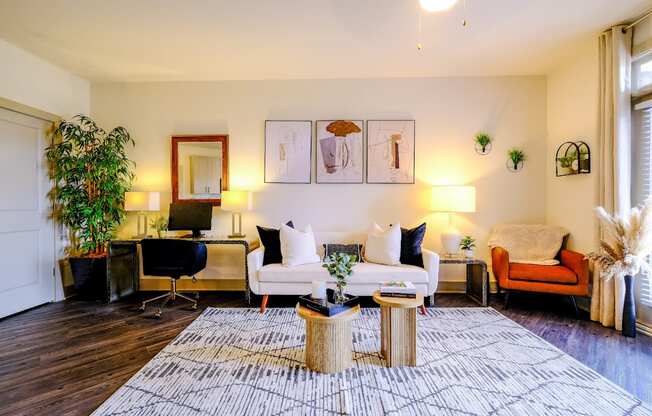 a living room with a couch and a table