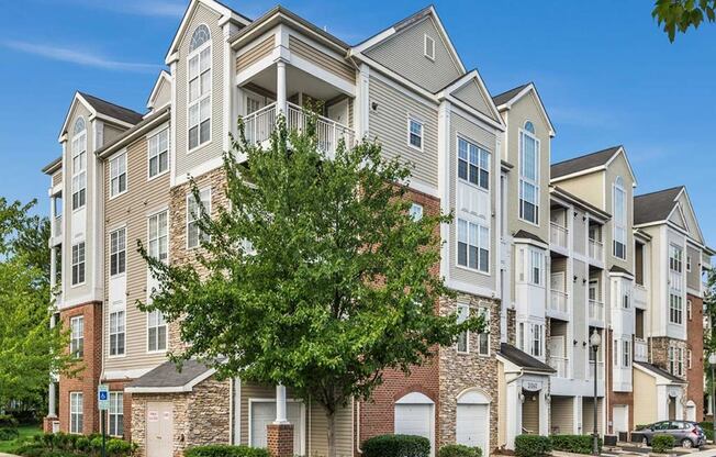 an apartment building with a tree in front of it