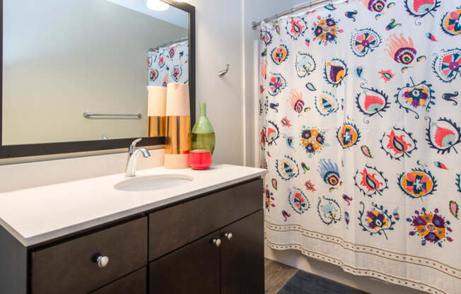 a bathroom with a sink and a mirror