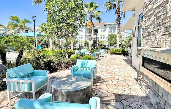 Outdoor lounge with fireplace