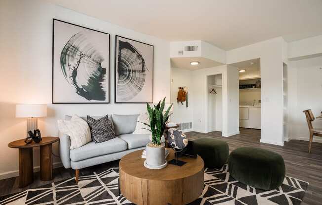 a living room with a couch and a coffee table