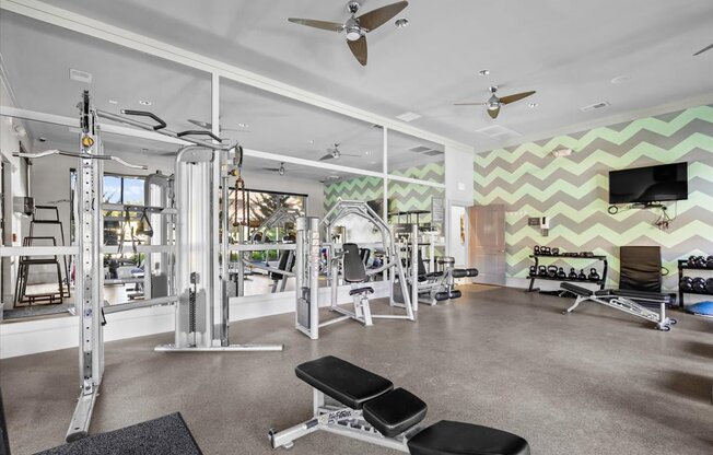 a home gym with a chevron wallpaper