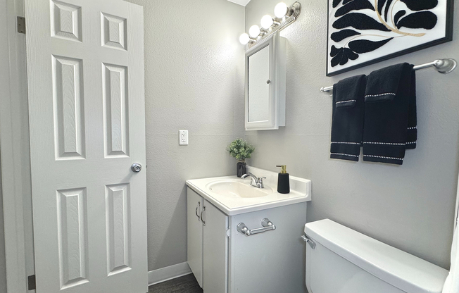 Sleek modern bathroom with a pristine bathtub, stylish vanity, and bright lighting.
