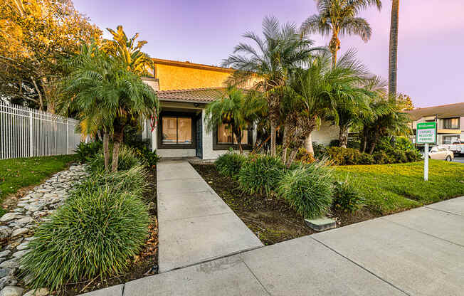 a house with palm trees and a sidewalk in front of it