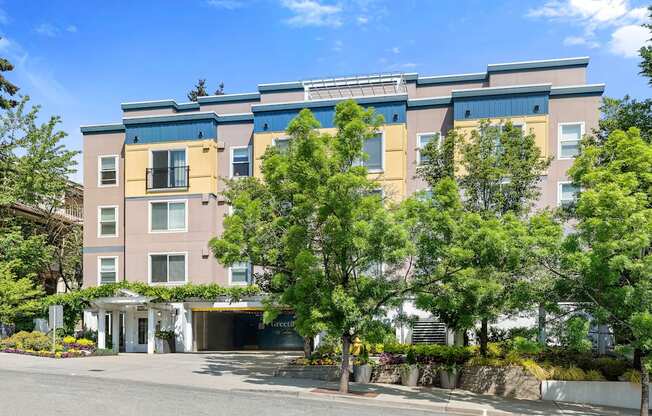 an apartment building with yellow and blue siding and a tree in front of it at Sir Gallahad Apartment Homes, Washington