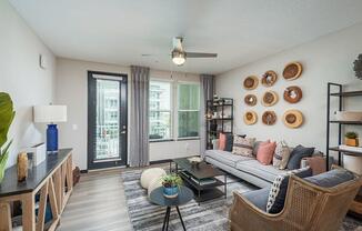 a living room with a couch and a table