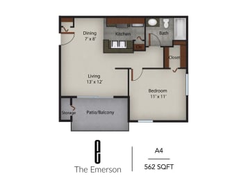 1 bed, 1 bath, 562 sqft, $888