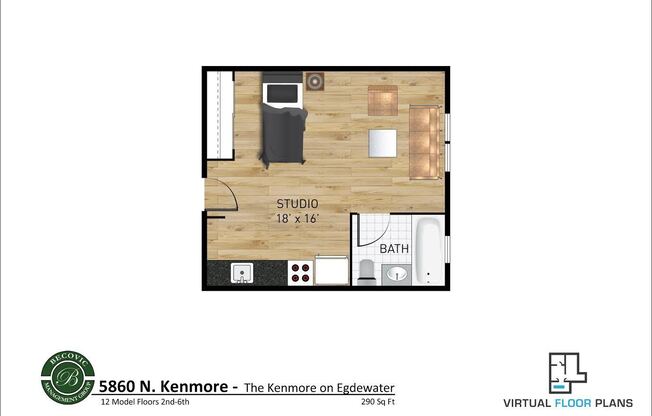 Studio, 1 bath, 280 sqft, $1,375, Unit 212