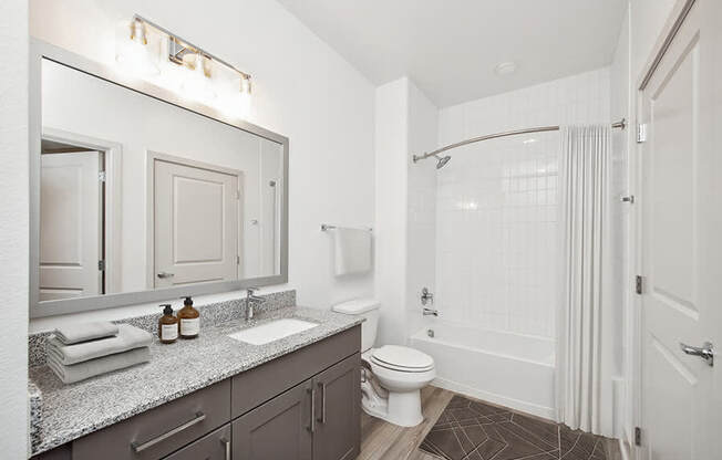 Model Bathroom with Gray Cabinets, Wood-Style Flooring and Shower/Tub at Alta 3Eighty Apartments located in Aubrey, TX.