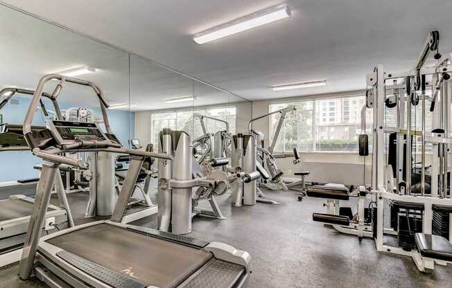 A gym with treadmills, weights, and other exercise equipment.