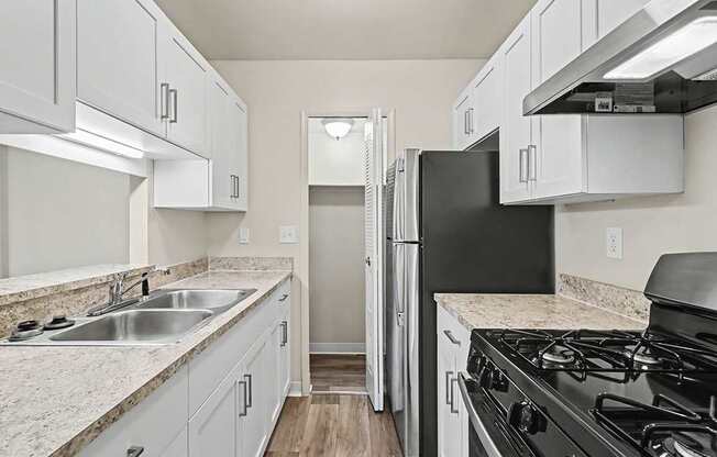 An upgraded gallery style kitchen with stainless steel appliances and a pantry at Trappers Cove Apartments, Lansing