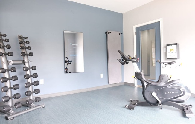 fitness center with weight and cardio equipment at The Addison at Southfield