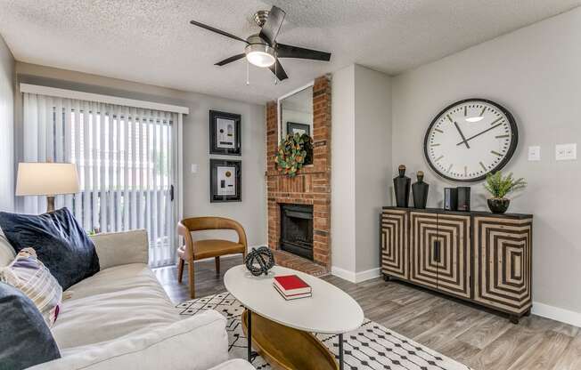 an open living room with a fireplace