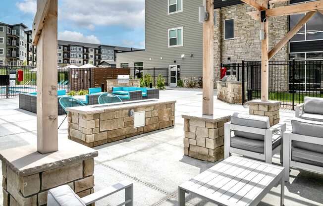 Pool patio with fire pit at The Westline at Flanagan Lake in Omaha, NE