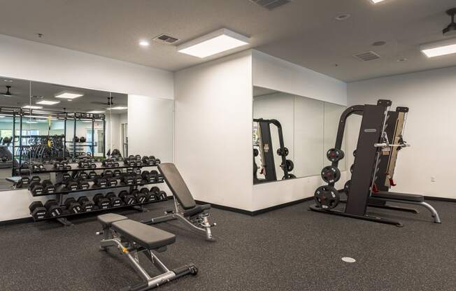 a spacious fitness room with free weights and mirrors