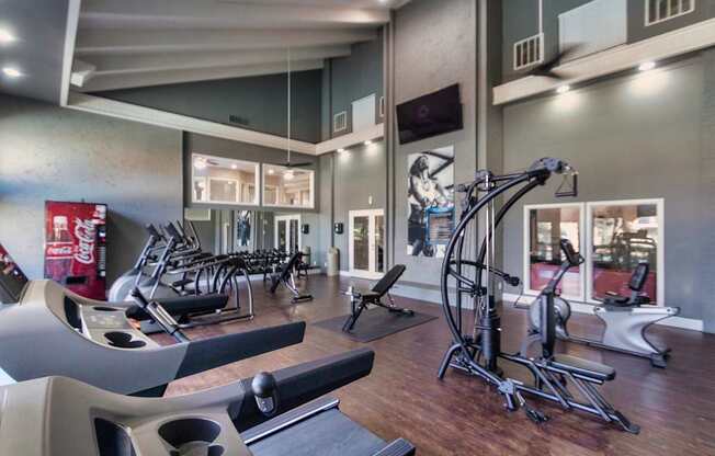 The 24-hour fitness center at The Biltmore Apartments located in the Vickery Midtown neighborhood of Dallas, TX.