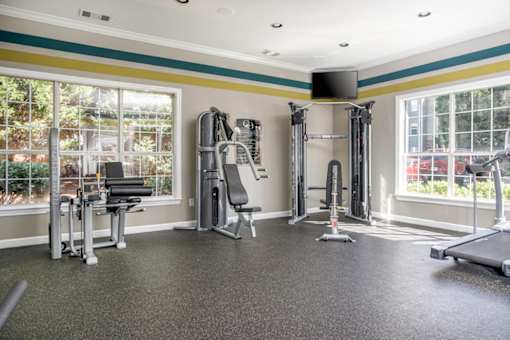 A spacious gym with a variety of equipment including treadmills, weights, and exercise machines.