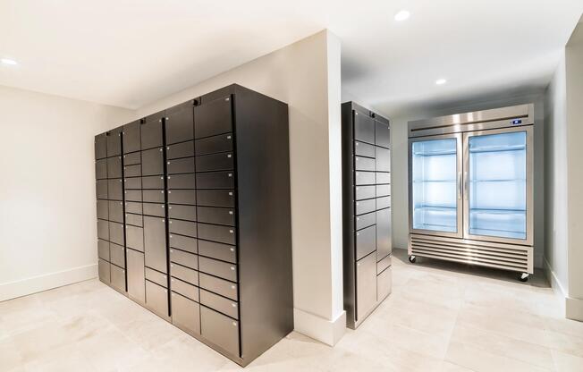 Secure package lockers and a refrigerated delivery room at Modera Nations in Nashville offer a polished, convenient way to manage everyday arrivals.