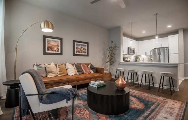 a living room with a couch and a table