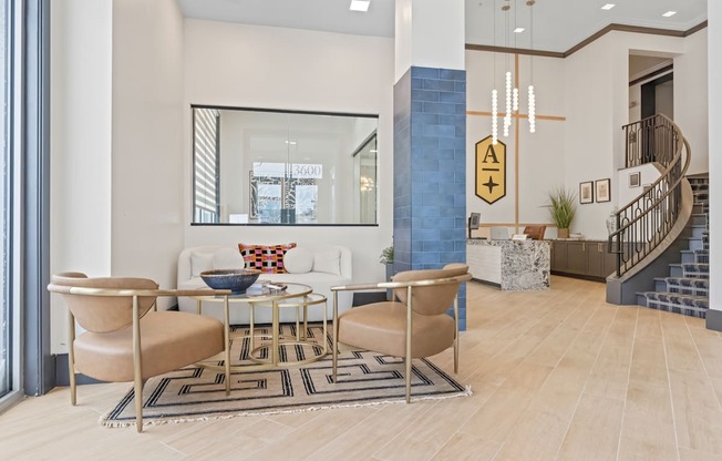 A modern living room with a glass table and chairs.