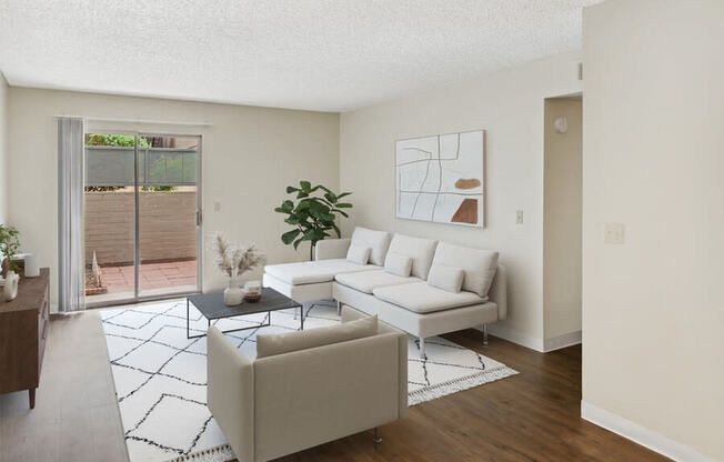 Model living room with glass sliding door