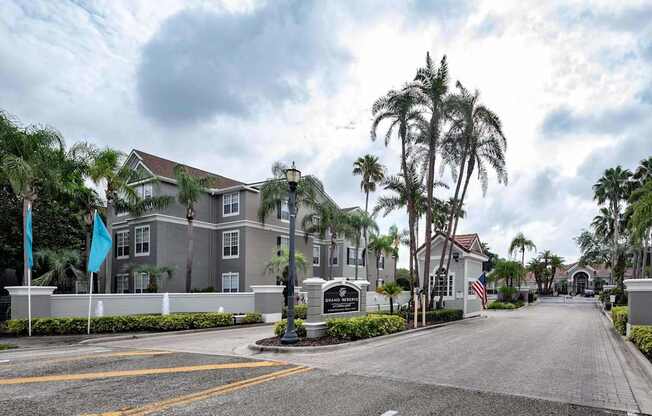 A street view of a residential area with palm trees and a building in the background.