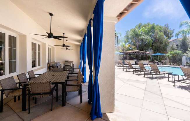 A patio with a table and chairs and a pool in the background.