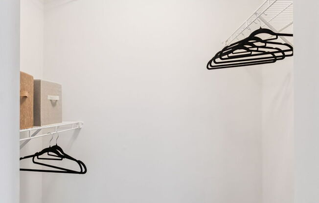A white closet with a hanger and a light on the ceiling.