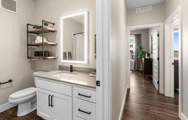 a bathroom with a large mirror and a sink and a toilet