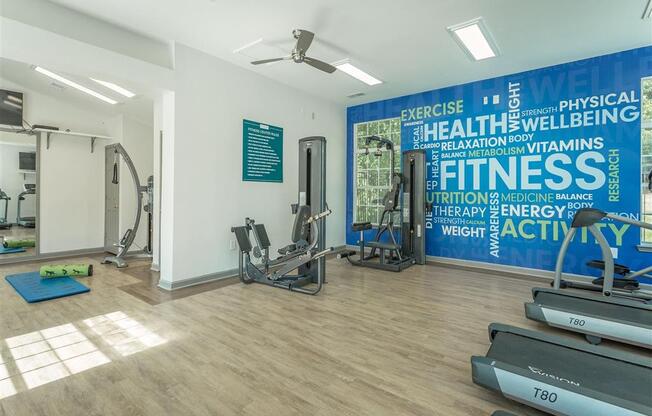 a gym with weights and cardio equipment and a wall mural