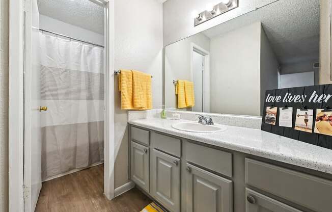 A bathroom with a sink, mirror, and shower.
