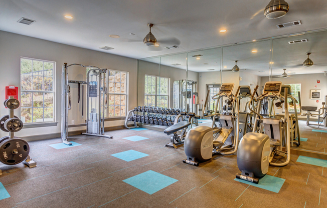 View of Fitness Center, Showing Cardio Machines, Free Weights, and Cable Machine at Summer Park Apartments