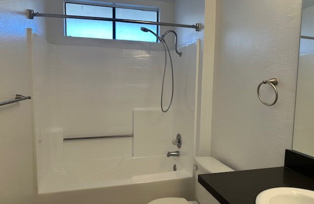 a bathroom with a shower and a sink and a toilet