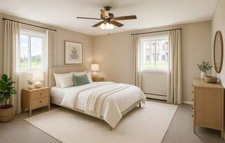 A bedroom with a large bed, a ceiling fan, and a window with curtains.