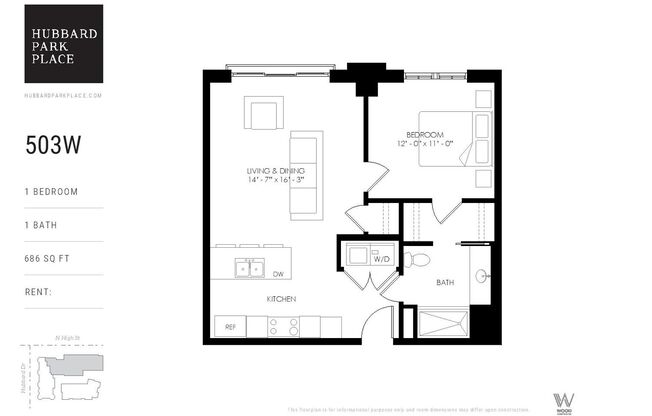 1 bed, 1 bath, 686 sqft, $1,995, Unit 503W