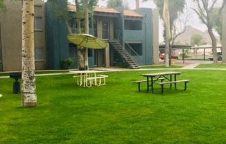 a lawn with tables and umbrellas in front of a building