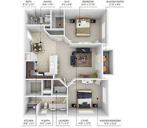 2 beds, 2 baths, 1,060 sqft, $1,368