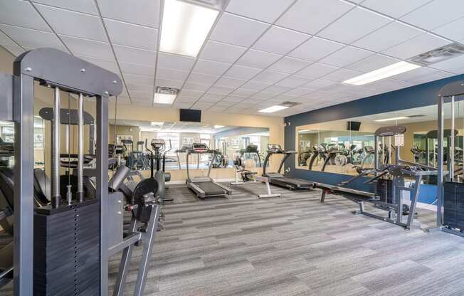 Bright and spacious exercise room featuring cardio machines, free weights, and weightlifting machines at Southwind Villas in LaVista NE 68128