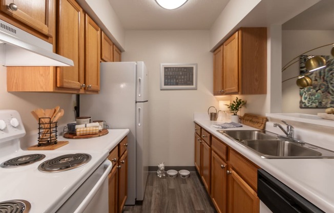 This is a photo of the kitchen in the 822 square foot, 2 bedroom, 1 bath floor plan at Village East Apartments in Franklin, OH.