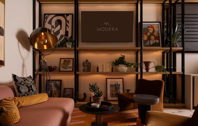 Layered lighting, curated art, and warm finishes create an inviting retreat inside Modera Rio Salado.