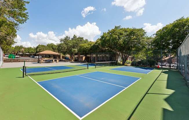 a pickleball court with two blue and green tennis courts