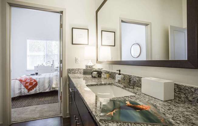 A bathroom with a sink, mirror, and a window.