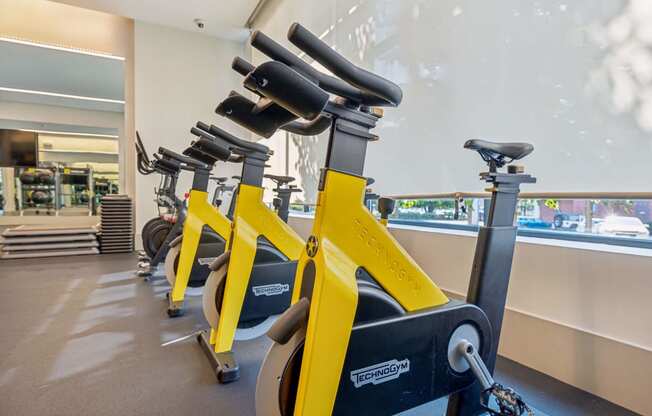 a row of yellow exercise bikes in a gym at The Merc, Massachusetts, 02453